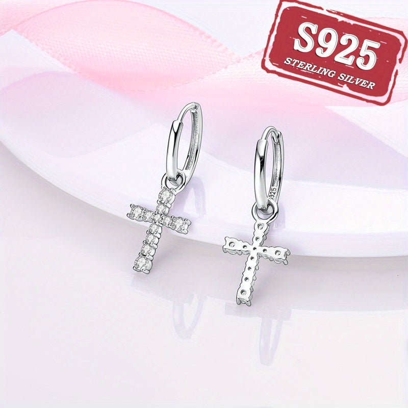 Sterling 925 Silver Hypoallergenic Ear Jewelry Exquisite Cross Design Shiny Zircon Inlaid Dangle Earrings Simple Leisure Style Delicate Female Gift
