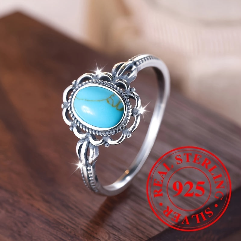925 Sterling Silver Ring Inlaid Turquoise In Egg Shape Retro Carving On The Edge High Quality Engagement \u002F Wedding Ring Gift For Her