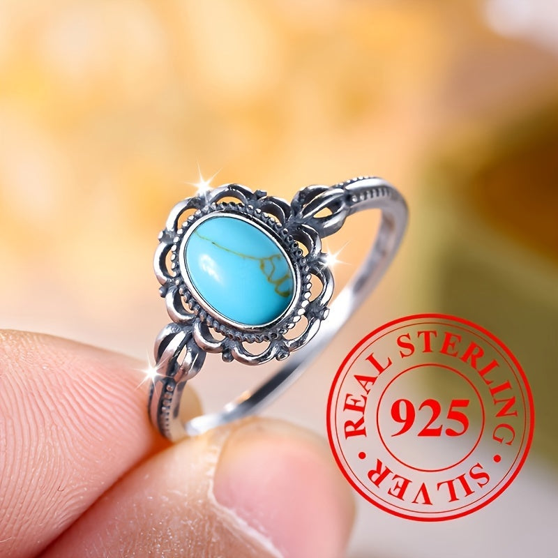 925 Sterling Silver Ring Inlaid Turquoise In Egg Shape Retro Carving On The Edge High Quality Engagement \u002F Wedding Ring Gift For Her